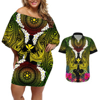 Hawaii Kanaka Maoli Couples Matching Off Shoulder Short Dress and Hawaiian Shirt Double Shark and Hibiscus Flowers LT03 Black - Polynesian Pride