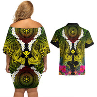Hawaii Kanaka Maoli Couples Matching Off Shoulder Short Dress and Hawaiian Shirt Double Shark and Hibiscus Flowers LT03 - Polynesian Pride