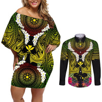 Hawaii Kanaka Maoli Couples Matching Off Shoulder Short Dress and Long Sleeve Button Shirt Double Shark and Hibiscus Flowers LT03 Black - Polynesian Pride