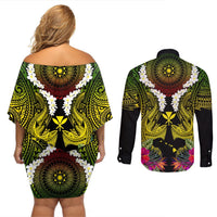 Hawaii Kanaka Maoli Couples Matching Off Shoulder Short Dress and Long Sleeve Button Shirt Double Shark and Hibiscus Flowers LT03 - Polynesian Pride