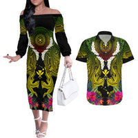 Hawaii Kanaka Maoli Couples Matching Off The Shoulder Long Sleeve Dress and Hawaiian Shirt Double Shark and Hibiscus Flowers