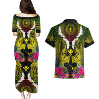Hawaii Kanaka Maoli Couples Matching Puletasi and Hawaiian Shirt Double Shark and Hibiscus Flowers