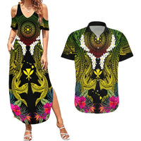 Hawaii Kanaka Maoli Couples Matching Summer Maxi Dress and Hawaiian Shirt Double Shark and Hibiscus Flowers LT03 Black - Polynesian Pride