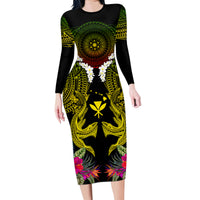 Hawaii Kanaka Maoli Family Matching Long Sleeve Bodycon Dress and Hawaiian Shirt Double Shark and Hibiscus Flowers LT03 Mom's Dress Black - Polynesian Pride