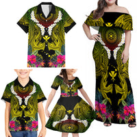 Hawaii Kanaka Maoli Family Matching Off Shoulder Maxi Dress and Hawaiian Shirt Double Shark and Hibiscus Flowers