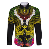 Hawaii Kanaka Maoli Family Matching Puletasi and Hawaiian Shirt Double Shark and Hibiscus Flowers LT03 Dad's Shirt - Long Sleeve Black - Polynesian Pride