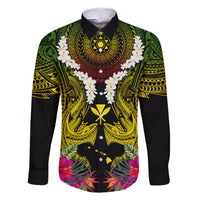 Hawaii Kanaka Maoli Family Matching Short Sleeve Bodycon Dress and Hawaiian Shirt Double Shark and Hibiscus Flowers LT03 Dad's Shirt - Long Sleeve Black - Polynesian Pride