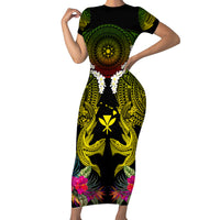 Hawaii Kanaka Maoli Family Matching Short Sleeve Bodycon Dress and Hawaiian Shirt Double Shark and Hibiscus Flowers LT03 Mom's Dress Black - Polynesian Pride