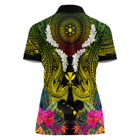 Hawaii Kanaka Maoli Women Polo Shirt Double Shark and Hibiscus Flowers