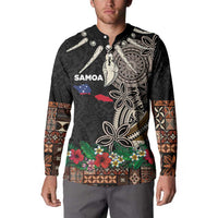 Samoa Siapo Polynesian Art Button Sweatshirt Tropical Flowers and Tatau Pattern Brown