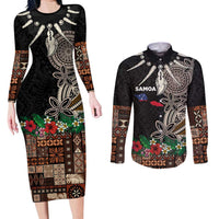 Samoa Siapo Polynesian Art Couples Matching Long Sleeve Bodycon Dress and Long Sleeve Button Shirt Tropical Flowers and Tatau Pattern Brown