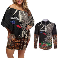 Samoa Siapo Polynesian Art Couples Matching Off Shoulder Short Dress and Long Sleeve Button Shirt Tropical Flowers and Tatau Pattern Brown