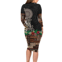 Samoa Siapo Polynesian Art Family Matching Long Sleeve Bodycon Dress and Hawaiian Shirt Tropical Flowers and Tatau Pattern Brown LT03 - Polynesian Pride