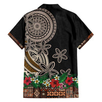 Samoa Siapo Polynesian Art Family Matching Off The Shoulder Long Sleeve Dress and Hawaiian Shirt Tropical Flowers and Tatau Pattern Brown LT03 - Polynesian Pride