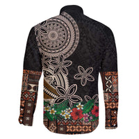 Samoa Siapo Polynesian Art Family Matching Off The Shoulder Long Sleeve Dress and Hawaiian Shirt Tropical Flowers and Tatau Pattern Brown LT03 - Polynesian Pride