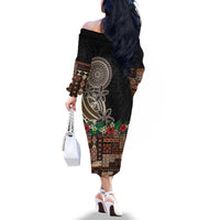 Samoa Siapo Polynesian Art Family Matching Off The Shoulder Long Sleeve Dress and Hawaiian Shirt Tropical Flowers and Tatau Pattern Brown LT03 - Polynesian Pride