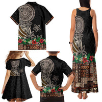 Samoa Siapo Polynesian Art Family Matching Tank Maxi Dress and Hawaiian Shirt Tropical Flowers and Tatau Pattern Brown LT03 - Polynesian Pride