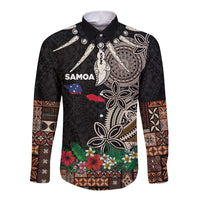 Samoa Siapo Polynesian Art Long Sleeve Button Shirt Tropical Flowers and Tatau Pattern Brown