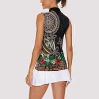 Samoa Siapo Polynesian Art Women Sleeveless Polo Shirt Tropical Flowers and Tatau Pattern Brown