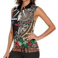 Samoa Siapo Polynesian Art Women Sleeveless Polo Shirt Tropical Flowers and Tatau Pattern Brown