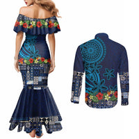 Samoa Siapo Polynesian Art Couples Matching Mermaid Dress and Long Sleeve Button Shirt Tropical Flowers and Tatau Pattern Navy