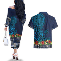 Samoa Siapo Polynesian Art Couples Matching Off The Shoulder Long Sleeve Dress and Hawaiian Shirt Tropical Flowers and Tatau Pattern Navy