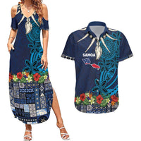Samoa Siapo Polynesian Art Couples Matching Summer Maxi Dress and Hawaiian Shirt Tropical Flowers and Tatau Pattern Navy