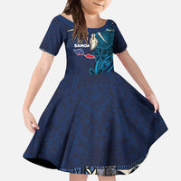 Samoa Siapo Polynesian Art Family Matching Long Sleeve Bodycon Dress and Hawaiian Shirt Tropical Flowers and Tatau Pattern Navy LT03 Daughter's Dress Navy - Polynesian Pride