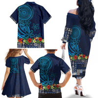 Samoa Siapo Polynesian Art Family Matching Off The Shoulder Long Sleeve Dress and Hawaiian Shirt Tropical Flowers and Tatau Pattern Navy LT03 - Polynesian Pride