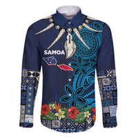Samoa Siapo Polynesian Art Family Matching Off The Shoulder Long Sleeve Dress and Hawaiian Shirt Tropical Flowers and Tatau Pattern Navy LT03 Dad's Shirt - Long Sleeve Navy - Polynesian Pride