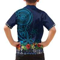 Samoa Siapo Polynesian Art Family Matching Off Shoulder Maxi Dress and Hawaiian Shirt Tropical Flowers and Tatau Pattern Navy