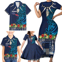 Samoa Siapo Polynesian Art Family Matching Short Sleeve Bodycon Dress and Hawaiian Shirt Tropical Flowers and Tatau Pattern Navy LT03 - Polynesian Pride