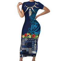 Samoa Siapo Polynesian Art Family Matching Short Sleeve Bodycon Dress and Hawaiian Shirt Tropical Flowers and Tatau Pattern Navy LT03 Mom's Dress Navy - Polynesian Pride