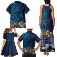 Samoa Siapo Polynesian Art Family Matching Tank Maxi Dress and Hawaiian Shirt Tropical Flowers and Tatau Pattern Navy LT03 - Polynesian Pride