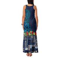 Samoa Siapo Polynesian Art Family Matching Tank Maxi Dress and Hawaiian Shirt Tropical Flowers and Tatau Pattern Navy LT03 - Polynesian Pride