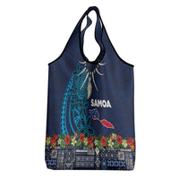 Samoa Siapo Polynesian Art Grocery Bag Tropical Flowers and Tatau Pattern Navy