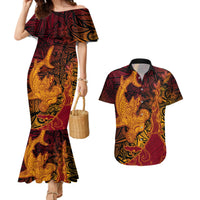 Hawaiian Volcano and Shark Couples Matching Mermaid Dress and Hawaiian Shirt Polynesian and Hibiscus Pattern Lava Color LT03 Red - Polynesian Pride