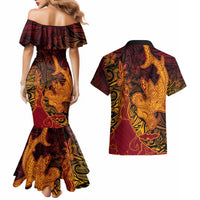 Hawaiian Volcano and Shark Couples Matching Mermaid Dress and Hawaiian Shirt Polynesian and Hibiscus Pattern Lava Color LT03 - Polynesian Pride
