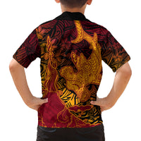 Hawaiian Volcano and Shark Family Matching Long Sleeve Bodycon Dress and Hawaiian Shirt Polynesian and Hibiscus Pattern Lava Color