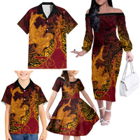 Hawaiian Volcano and Shark Family Matching Off The Shoulder Long Sleeve Dress and Hawaiian Shirt Polynesian and Hibiscus Pattern Lava Color LT03 - Polynesian Pride