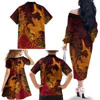 Hawaiian Volcano and Shark Family Matching Off The Shoulder Long Sleeve Dress and Hawaiian Shirt Polynesian and Hibiscus Pattern Lava Color LT03 - Polynesian Pride