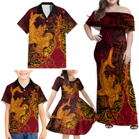 Hawaiian Volcano and Shark Family Matching Off Shoulder Maxi Dress and Hawaiian Shirt Polynesian and Hibiscus Pattern Lava Color LT03 - Polynesian Pride