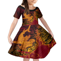 Hawaiian Volcano and Shark Family Matching Off Shoulder Short Dress and Hawaiian Shirt Polynesian and Hibiscus Pattern Lava Color LT03 Daughter's Dress Red - Polynesian Pride