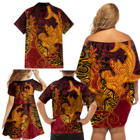 Hawaiian Volcano and Shark Family Matching Off Shoulder Short Dress and Hawaiian Shirt Polynesian and Hibiscus Pattern Lava Color LT03 - Polynesian Pride