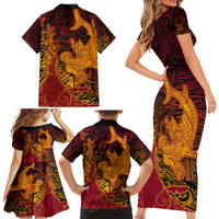 Hawaiian Volcano and Shark Family Matching Short Sleeve Bodycon Dress and Hawaiian Shirt Polynesian and Hibiscus Pattern Lava Color LT03 - Polynesian Pride
