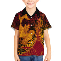 Hawaiian Volcano and Shark Family Matching Summer Maxi Dress and Hawaiian Shirt Polynesian and Hibiscus Pattern Lava Color LT03 Son's Shirt Red - Polynesian Pride