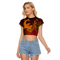 Hawaiian Volcano and Shark Raglan Cropped T Shirt Polynesian and Hibiscus Pattern Lava Color