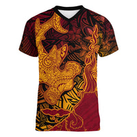 Hawaiian Volcano and Shark Women V-Neck T-Shirt Polynesian and Hibiscus Pattern Lava Color