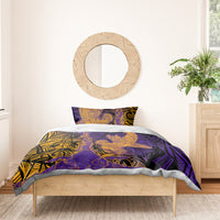 Hawaiian Volcano and Shark Bedding Set Polynesian and Hibiscus Pattern Purple Yellow Gradient