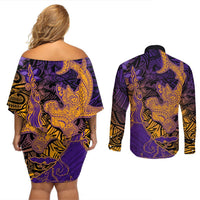 Hawaiian Volcano and Shark Couples Matching Off Shoulder Short Dress and Long Sleeve Button Shirt Polynesian and Hibiscus Pattern Purple Yellow Gradient LT03 - Polynesian Pride